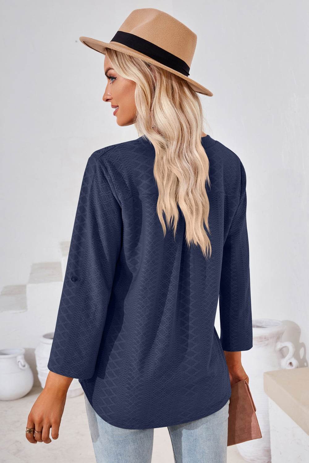 V-Neck Roll-Tap Sleeve Blouse Trendsi f2add25dd1be4afea007e70b80e07267-Max