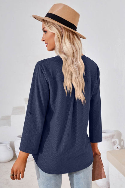 V-Neck Roll-Tap Sleeve Blouse Trendsi f2add25dd1be4afea007e70b80e07267-Max