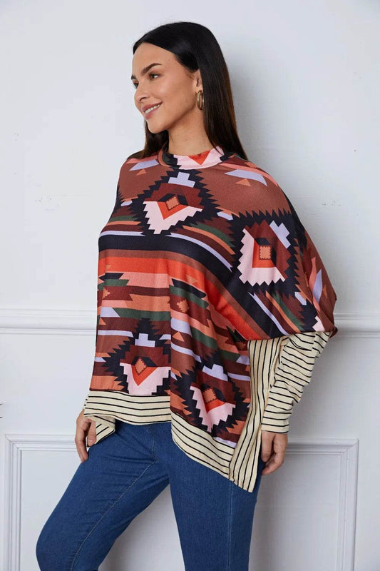 Geometric Striped Splicing Round Neck Blouse Trendsi f2bff2c6-225c-48d1-bceb-1ecf2292ddbe-Max