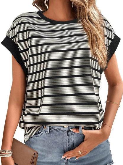 Striped Round Neck Casual T-Shirt Black Trendsi f2d41723-39d8-4a06-a48f-7bc2d8053493-Max-Origin