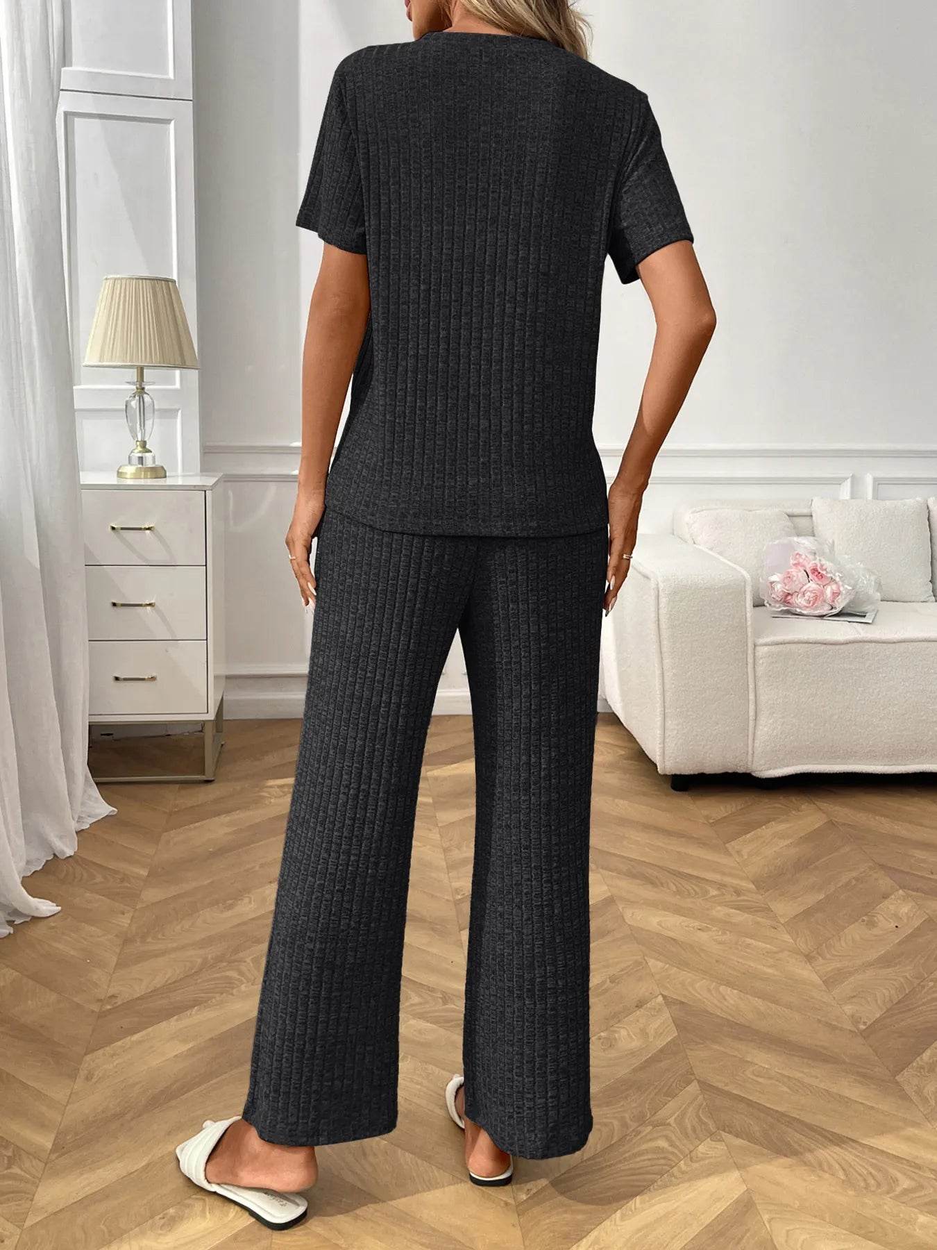 Ribbed Knit Short Sleeve Top and Pants Lounge Set Trendsi f2f3713603114437be33c05771ffcf98-Max-Origin