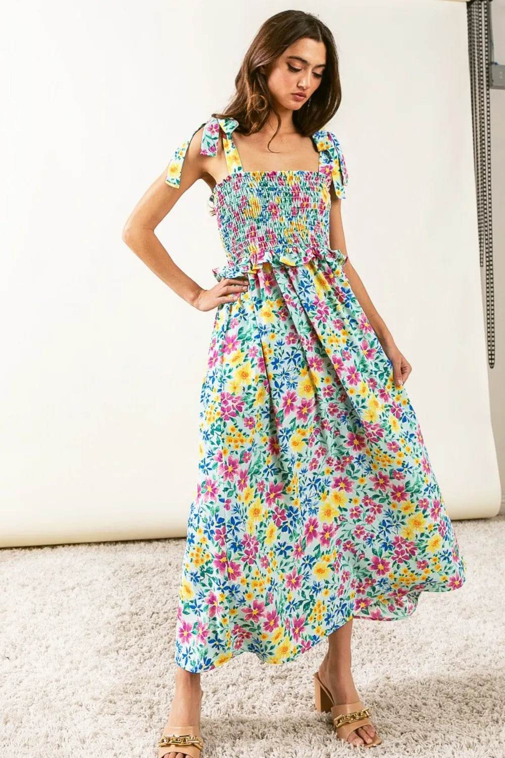 BiBi Floral Ruffle Trim Smocked Cami Dress Mint Trendsi f309ba21-742e-41b0-9a3c-01833196b7b4-Max