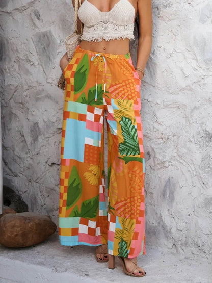 Devine Drawstring Printed Wide Leg Pants Tangerine Trendsi f32ddc32-8268-4d79-bed1-e102a5a80c66-Max