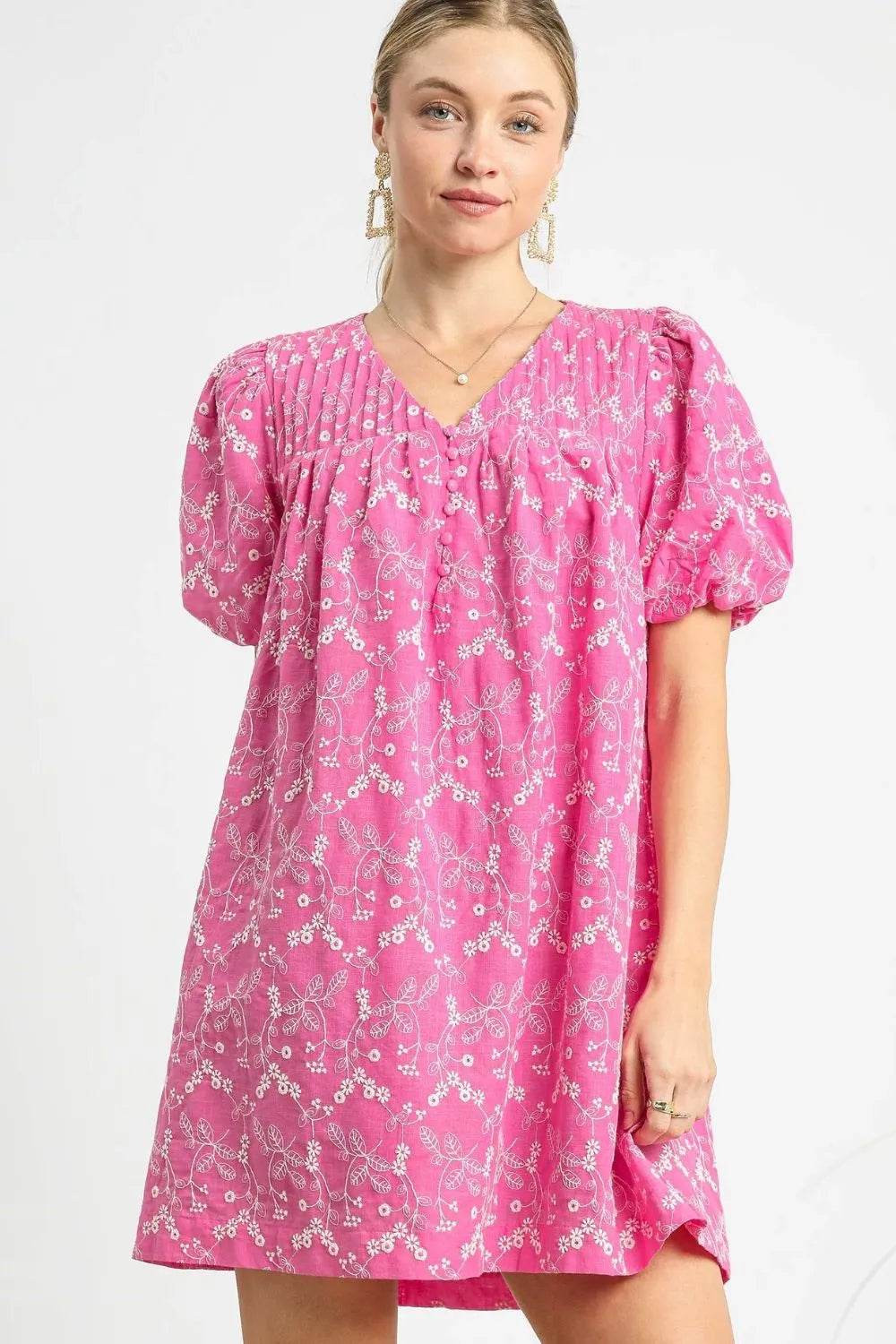 Umgee Floral Puff Sleeve V-Neck Mini Dress Hot Pink Trendsi f33a3530-7ba6-4ec6-93c0-878e93d3982e-Max-Origin