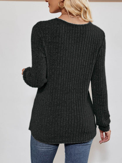 V-Neck Ribbed Long Sleeve Top Trendsi f3405fdabbe443e88291c9c67ec12a1c-Max