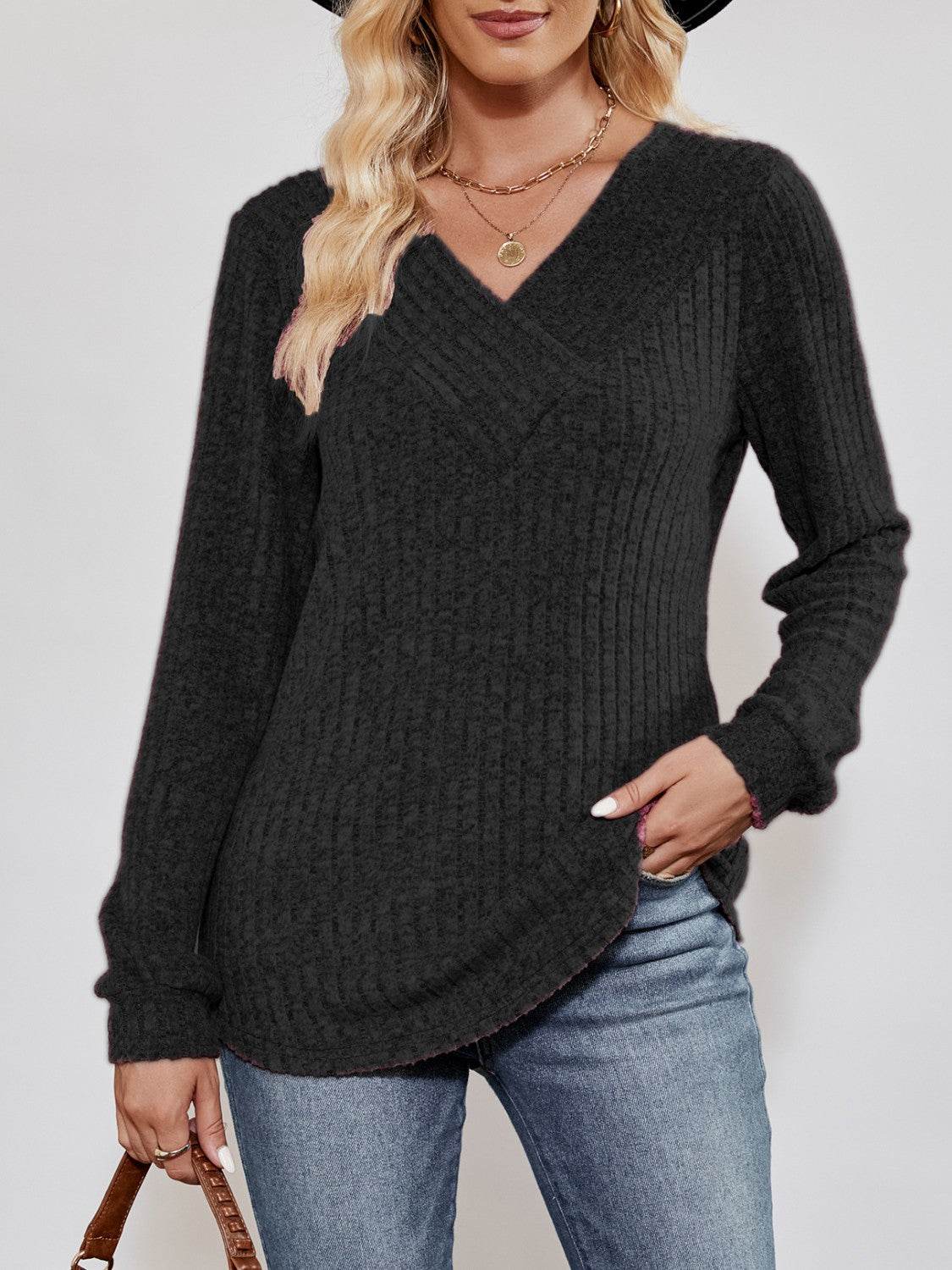 V-Neck Ribbed Long Sleeve Top Black Trendsi f370f6536a90434c93dae2e2447eb480-Max