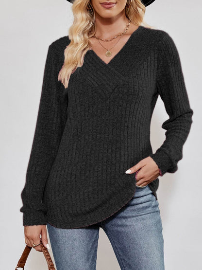 V-Neck Ribbed Long Sleeve Top Black Trendsi f370f6536a90434c93dae2e2447eb480-Max