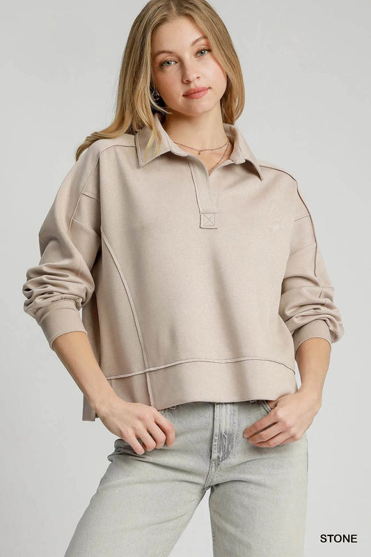 Umgee Exposed Seam Long Sleeve Polo Top with Side Slit STONE Trendsi f38a2716-203a-4cb5-ae67-1c3b830cf265-Max-Origin