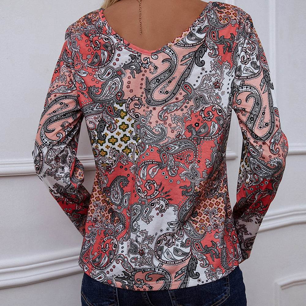 Shiny Printed V-Neck Long Sleeve Blouse Trendsi f38bc8fb0dbe4644b1a74f8efbe697c0-Max