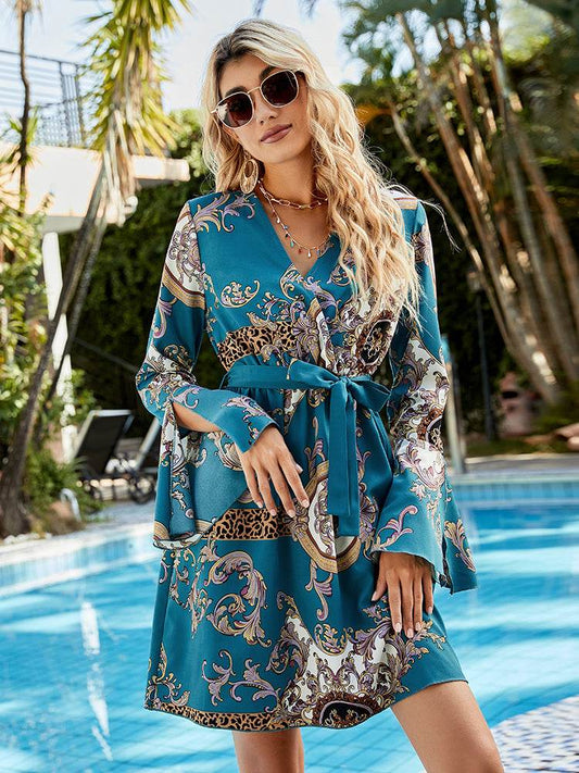 Printed Tie Belt Slit Flare Sleeve Dress Deep Teal Trendsi f39aa0d3401e46ef9d3bf463a9e9e84c-Max