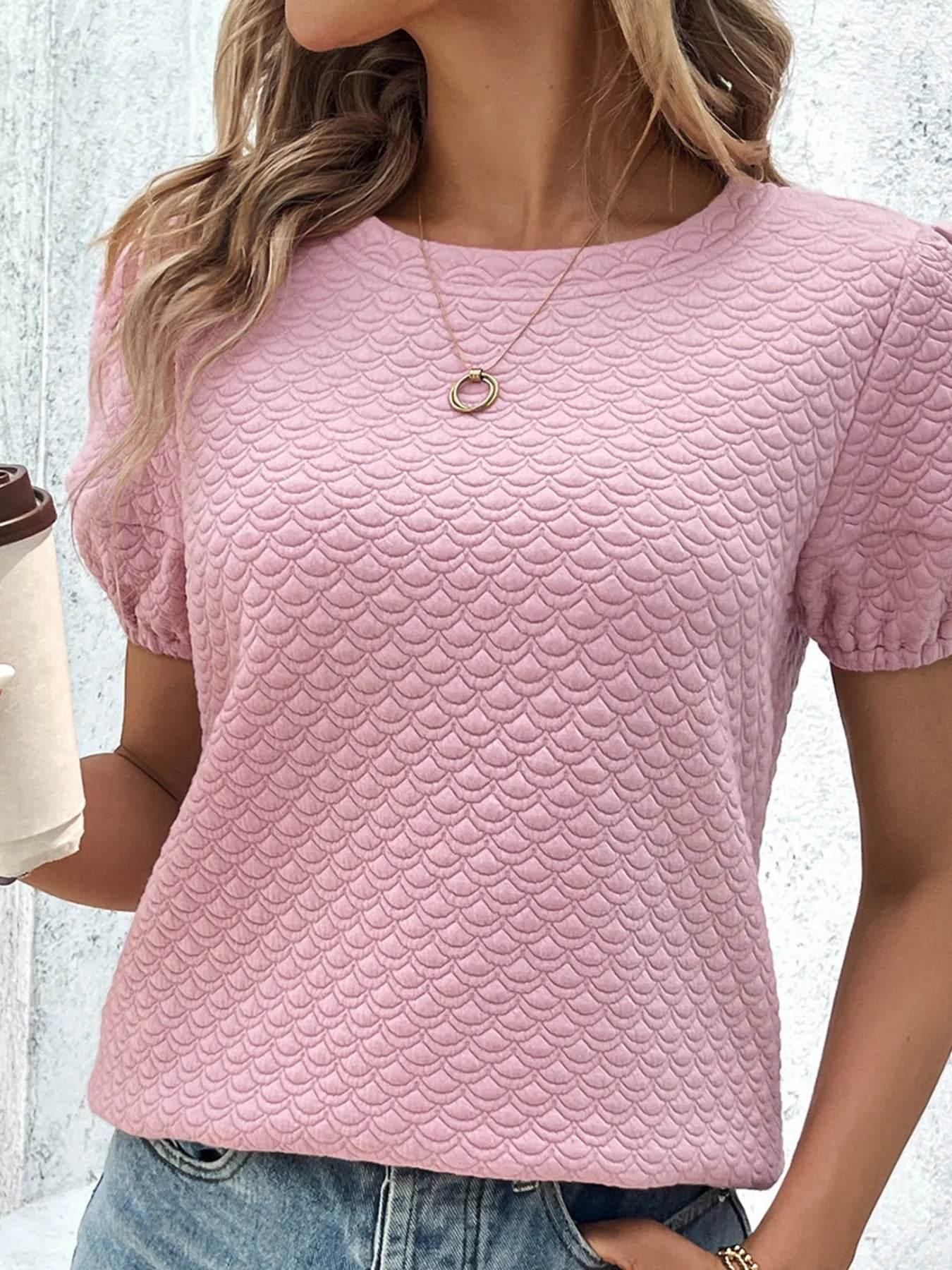 Textured Puff Sleeve T-Shirt Trendsi f3a816544f9e4591a4a7192bb0112fbd-Max-Origin