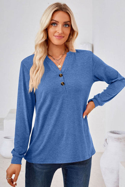 V-Neck Buttoned Long Sleeve Blouse Trendsi f3a9e5bf285f479cbcc4472189100289-Max