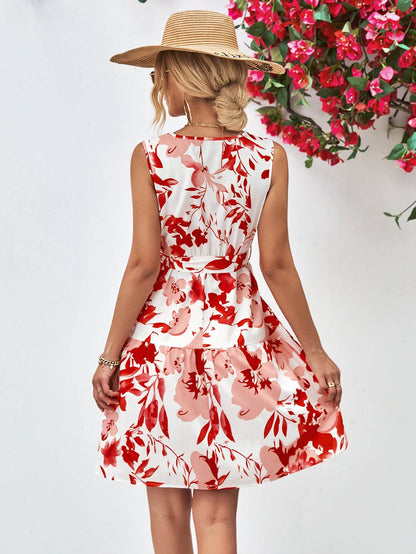Floral V-Neck Tie Waist Sleeveless Dress Trendsi f3b9fec8ed544f64ac02d5fc62b652d5-Max