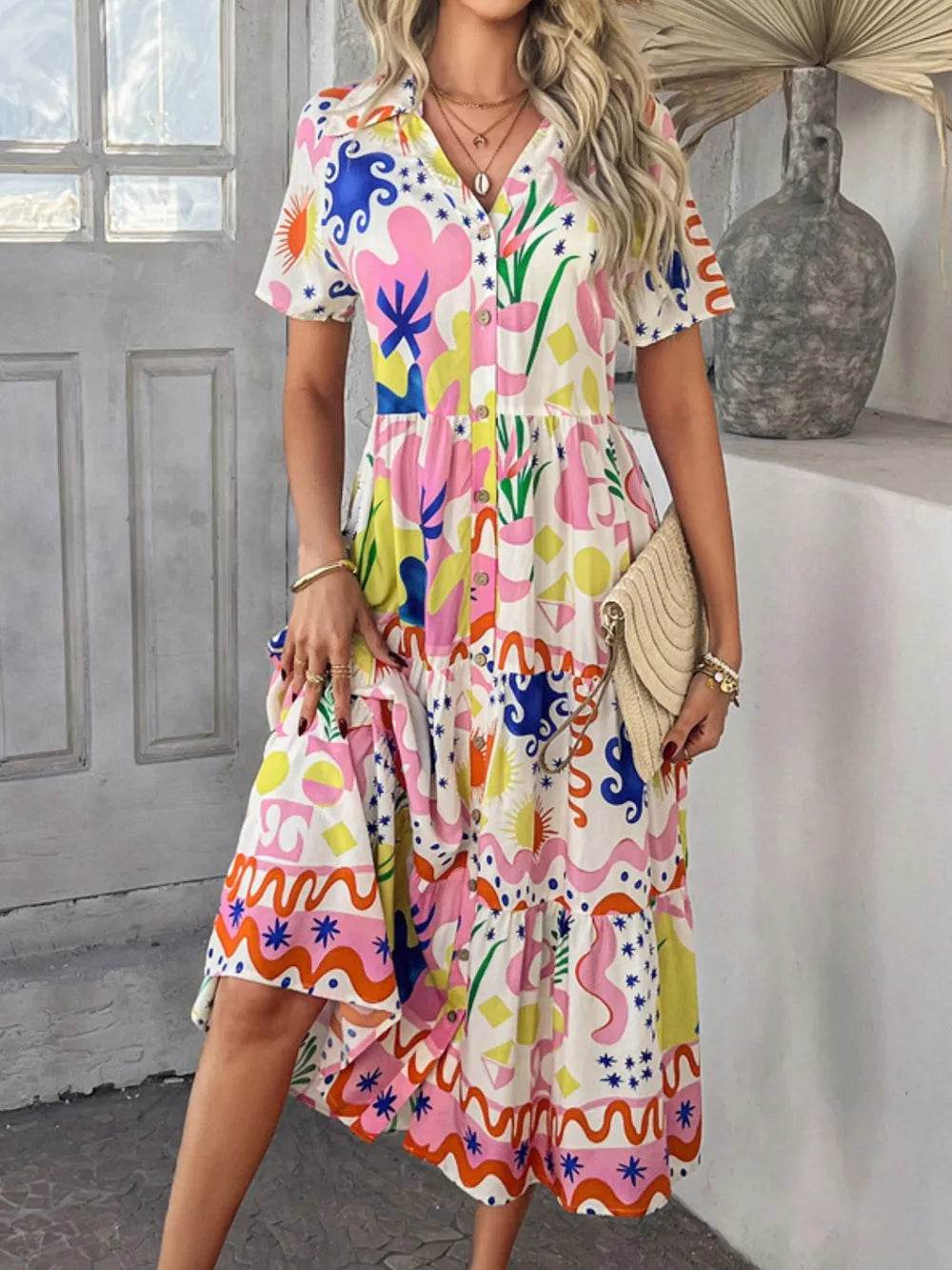 Devine Printed Johnny Collar Button Down Short Sleeve Midi Shirt Dress Trendsi f3ef48e9-6da5-4eee-9bb4-bfe64ab80473-Max