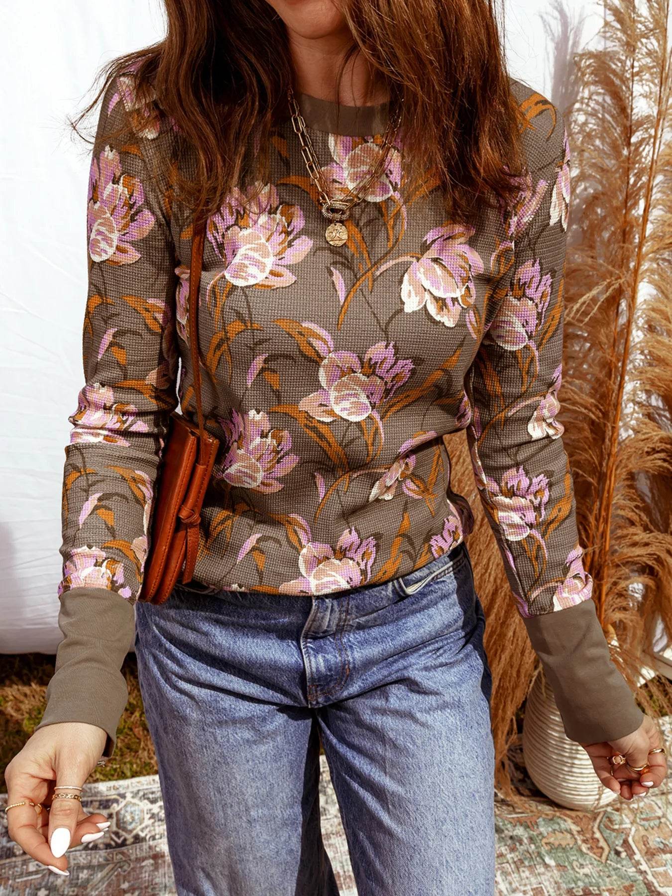Floral Print Waffle Textured Long Sleeve Top Trendsi f41c1936e9c644c9af33bec1156f520b-Max-Origin