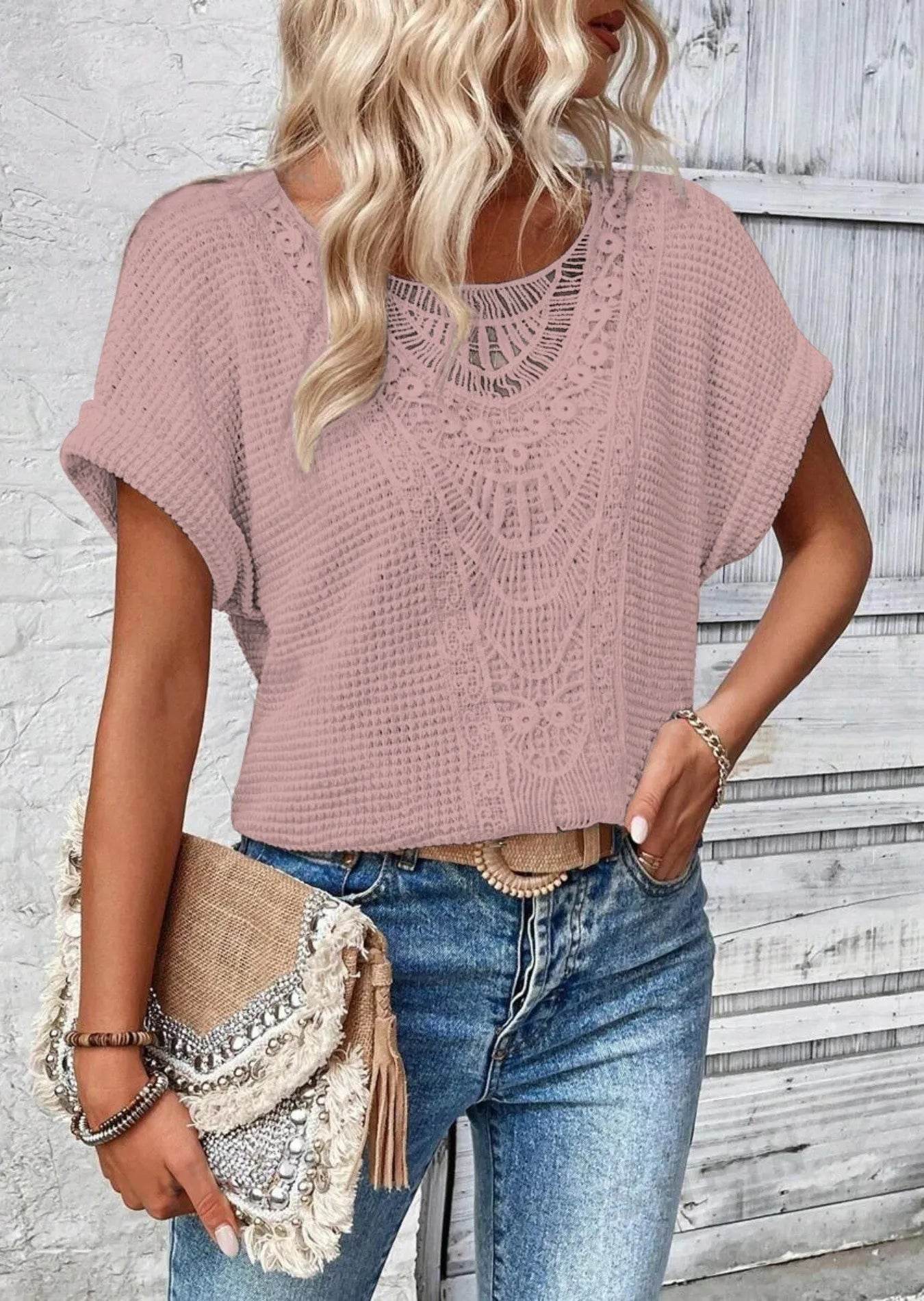 Crochet Lace Short Sleeve Casual T-Shirt Pink Trendsi f4568056-2984-4552-8367-260c855729b1-Max-Origin