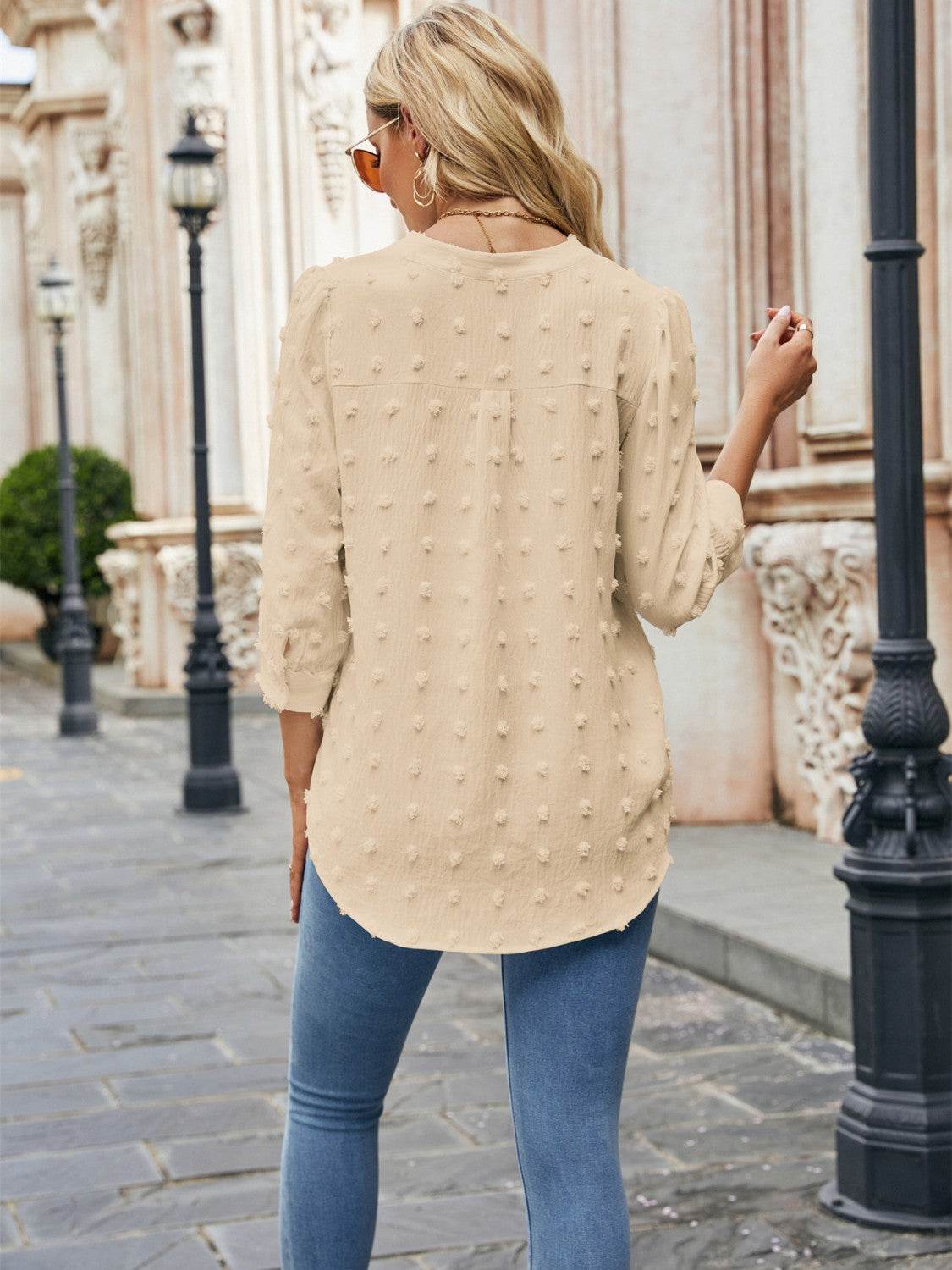 Swiss Dot Notched Neck Blouse Trendsi f46001d215f749b8b1043a001276449b-Max
