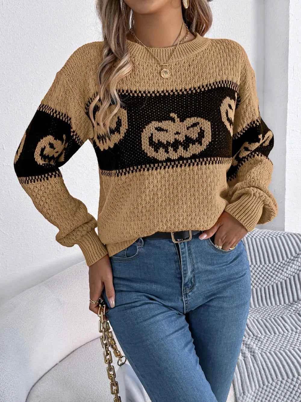 Pumpkin Round Neck Long Sleeve Sweater Trendsi f4a8e2ac-1ef0-4170-be8e-39863db120f0-Max