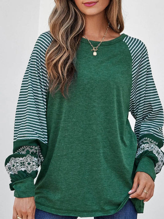 Contrast Print Striped Raglan Long Sleeve Loose Top Dark Green Trendsi f4b5f7a1-736c-4ecb-b6b0-a7648ce16b0a-Max-Origin