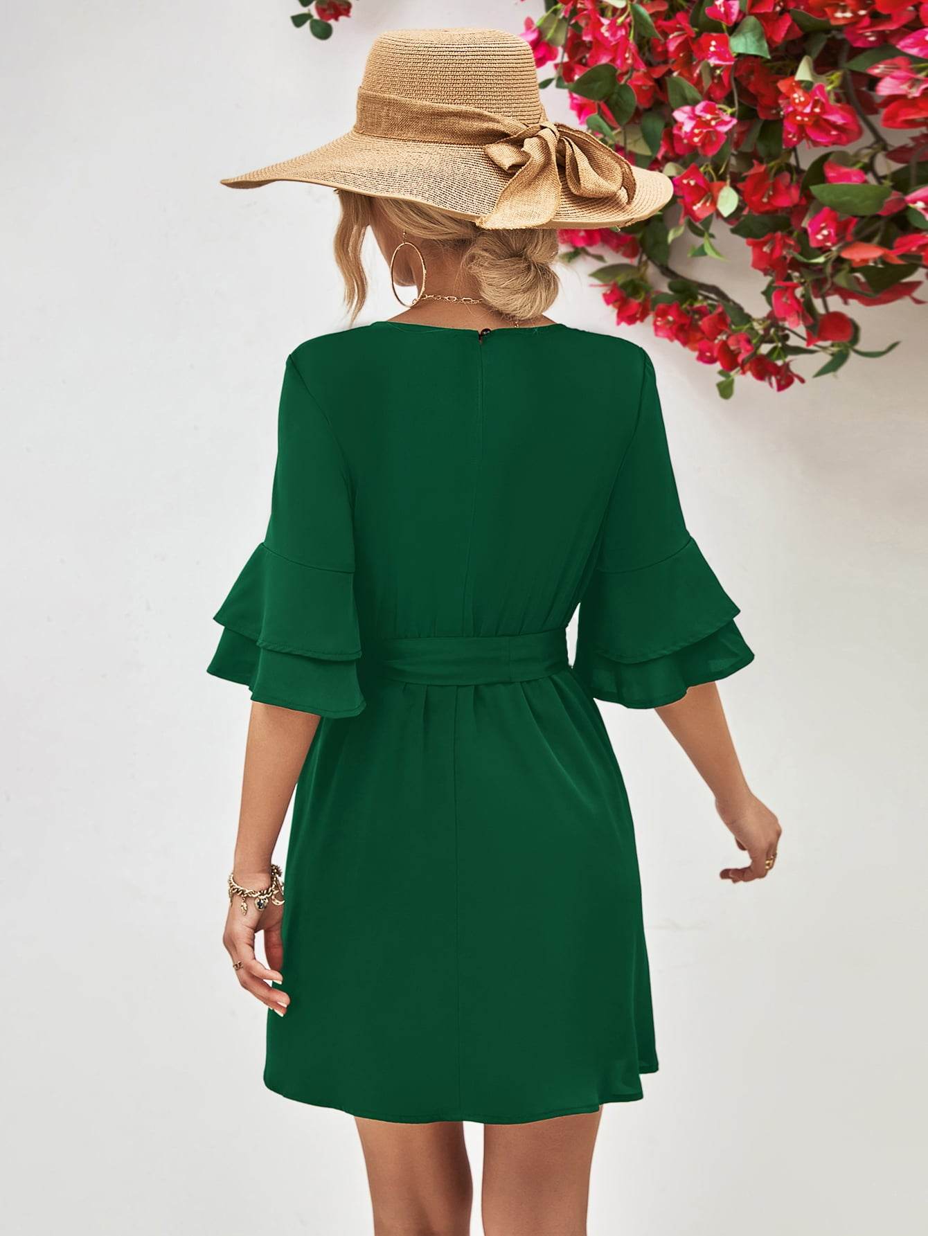 Round Neck Tie Belt Flounce Sleeve Dress Trendsi f4be295e4dfe44b2872f813292dad887-Max