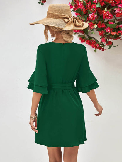 Round Neck Tie Belt Flounce Sleeve Dress Trendsi f4be295e4dfe44b2872f813292dad887-Max