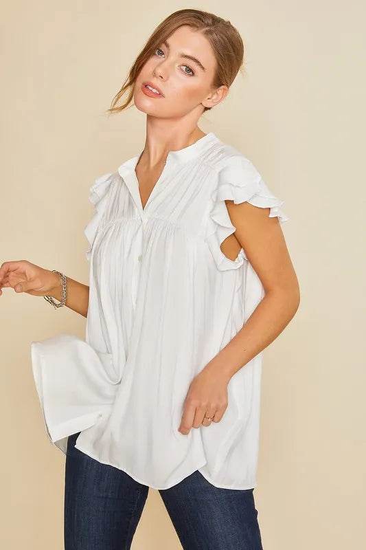Annie Wear Ruffle Sleeve Shirred Flowy Woven Tunic Shirts Trendsi f4db199a782e40e583d0d1573dad2d8d-Max-Origin
