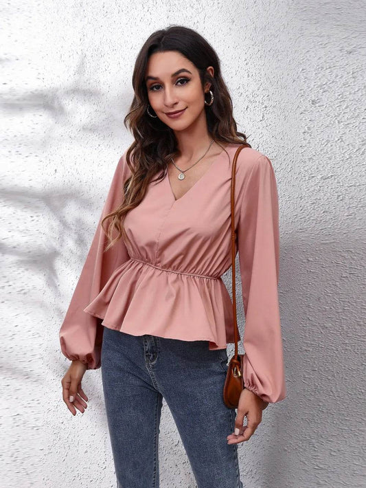 V-Neck Balloon Sleeve Peplum Blouse Dusty Pink Trendsi f4e1e16ef51246078ae259de37e27642-Max