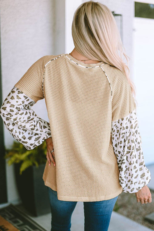 Waffle-Knit Balloon Sleeve Blouse Trendsi f4e52e46a5524410b42523aa2014e379-Max