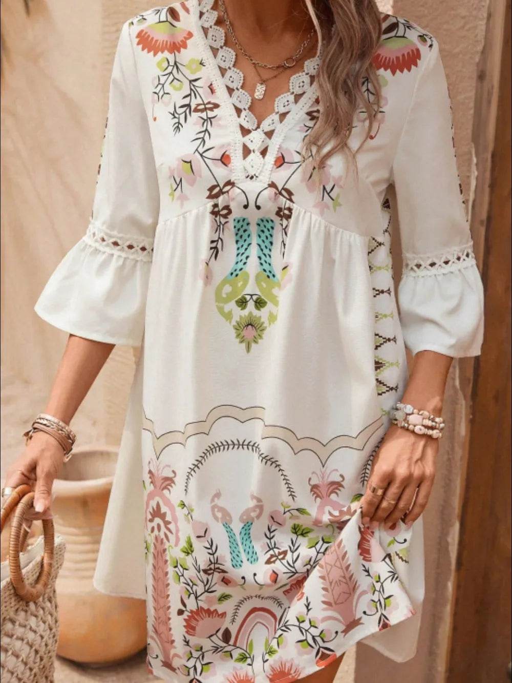 Lace Detail Printed Three-Quarter Sleeve Dress Trendsi f4e6cd10-267a-4a95-94bc-1cc4e1e64f4d-Max