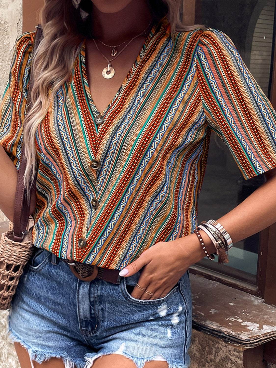 Shiny Printed V-Neck Button-Up Short Sleeve Top Trendsi f4e98c6b37eb4c798be6997563ad35ff-Max