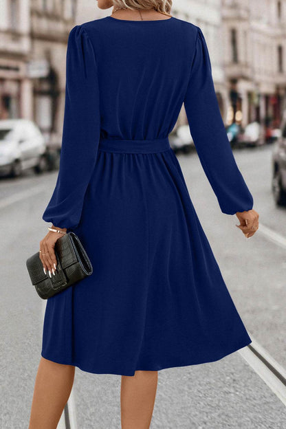 Tie Waist Notched Neck Long Sleeve Dress Trendsi f504e1e24f14437b8685ee66c16a3c5b-Max