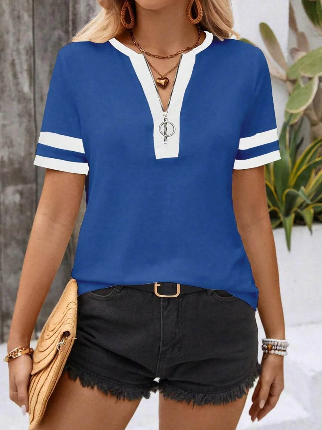 Striped Short Sleeve Half Zip Top Trendsi f516d819c19d4706ab241a5dc9e1f2ca-Max-Origin