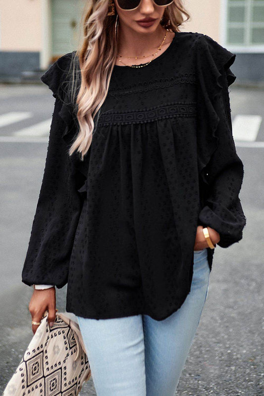 Devine Ruffle Trim Balloon Sleeve Blouse Black Trendsi f525e24ff8414dd0b9c7be2dc8a16590-Max