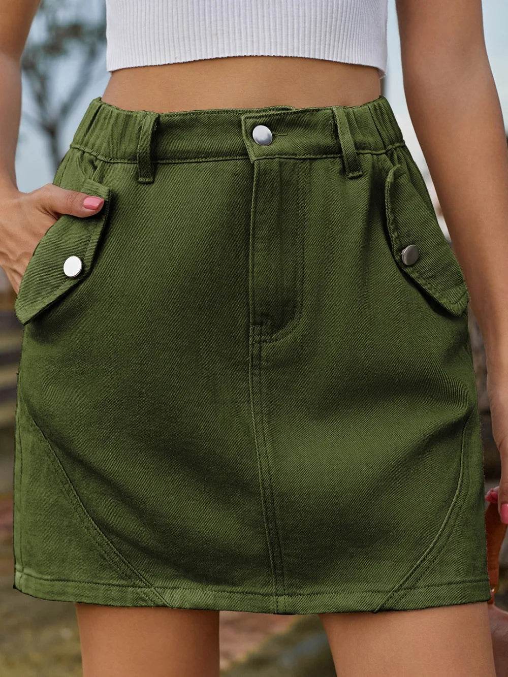 Pocketed Buttoned Mini Denim Skirt Army Green Trendsi f565cef2-dac9-46db-bd81-c092e11501d4-Max