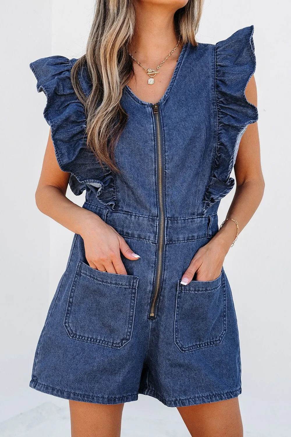 Denim Ruffled Zipped Front Belted Romper Trendsi f5691d68-acb5-437e-98af-3545be8a8673-Max-Origin