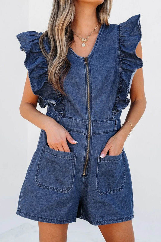 Denim Ruffled Zipped Front Belted Romper Trendsi f5691d68-acb5-437e-98af-3545be8a8673-Max-Origin
