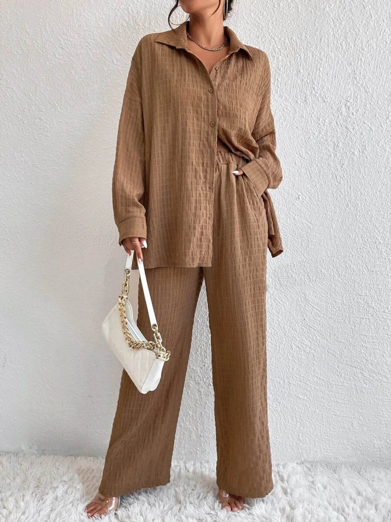 Button Up Long Sleeve Shirt and Pants Set Trendsi f57a5e94ec584073922592083e7170b0-Max-Origin