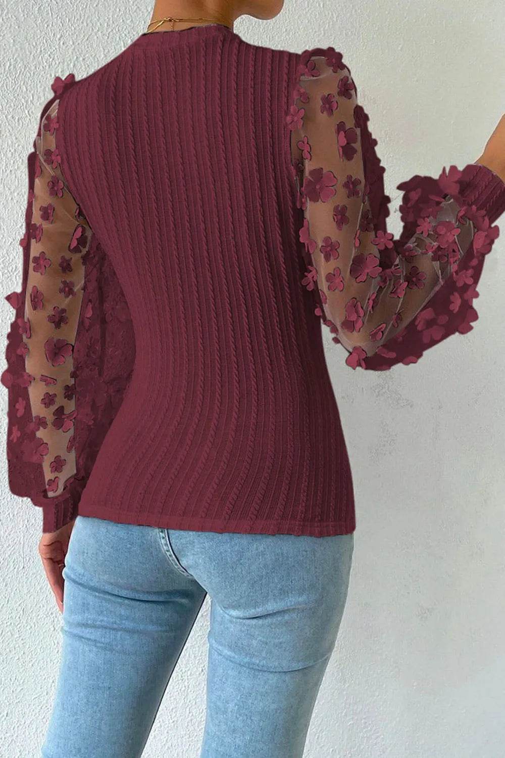 Textured Applique Long Sleeve Blouse Trendsi f57fbea6-0506-425c-84a5-692dfe0b1caf-Max