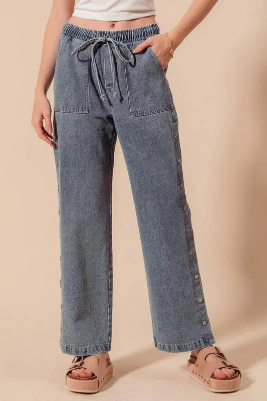 SO ME Mid Rise Drawstring Jeans with Side Snap Button DENIM Trendsi f59c1ececaad49039bff727f3561a6d7-Max-Origin