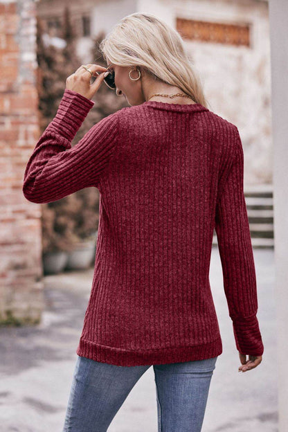 Mandy V-Neck Long Sleeve Ribbed Top Trendsi f5ac489db9f2447cb859660016d84abb-Max