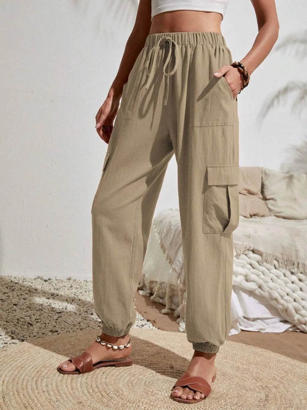 Drawstring Joggers with Cargo Pockets Khaki Trendsi f5b26de2-8e12-4828-bb5d-6b2685fc287a-Max