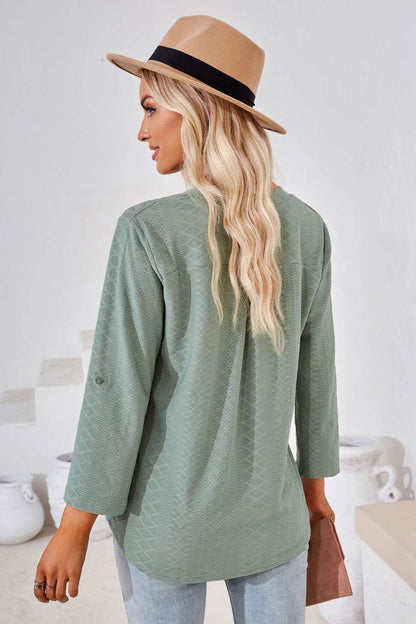V-Neck Roll-Tap Sleeve Blouse Trendsi f5bf94980b8347a0b0c3f4e761d246e9-Max