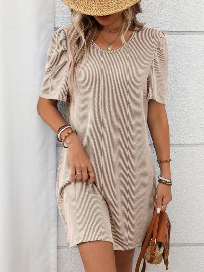 Textured Round Neck Short Sleeve Mini Dress Trendsi f5c0ab78-8bad-48d6-88e7-606e5a44cec6-Max