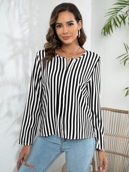 Striped Long Sleeve Notched Blouse Trendsi f5c7864c0eae431e9131055a595f6d73-Max