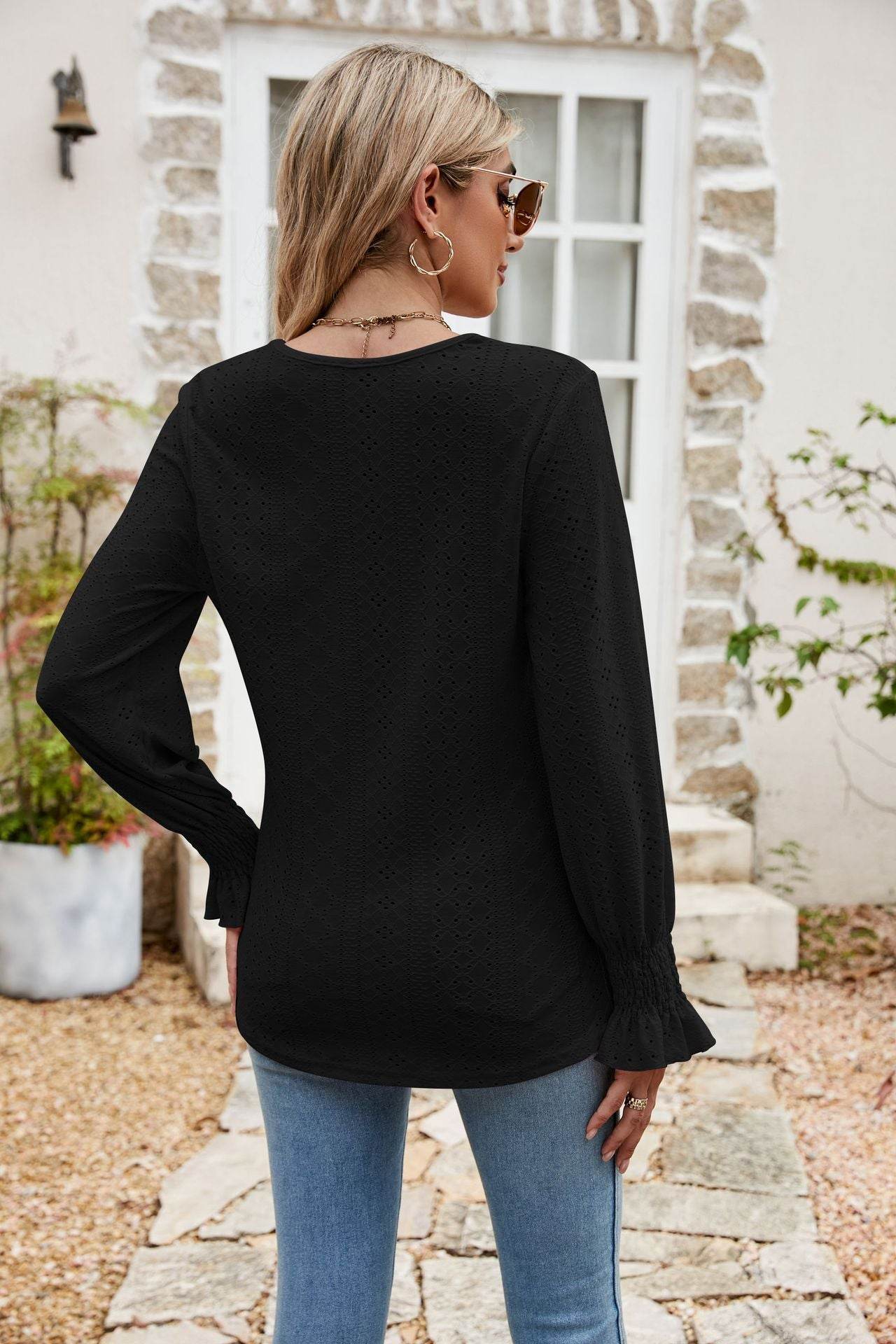 Eyelet Flounce Sleeve V-Neck Blouse Trendsi f5d53faad875483a86a9556132fbbd97-Max