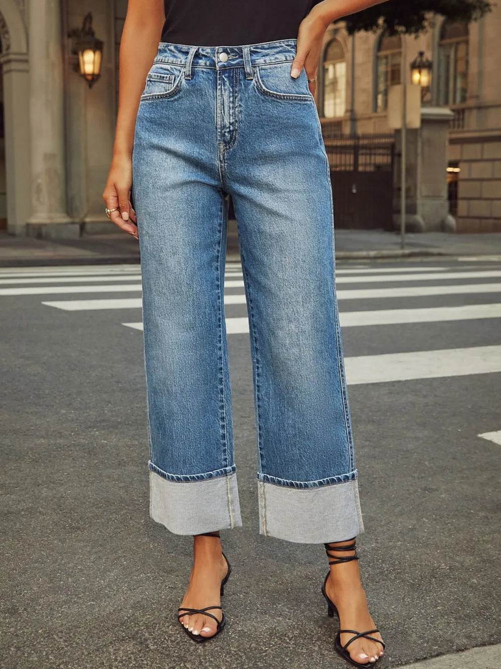 High Waisted Straight Leg Rolled Jeans Trendsi f60103a2-2588-4ee0-8d7e-a98279ae469f-Max