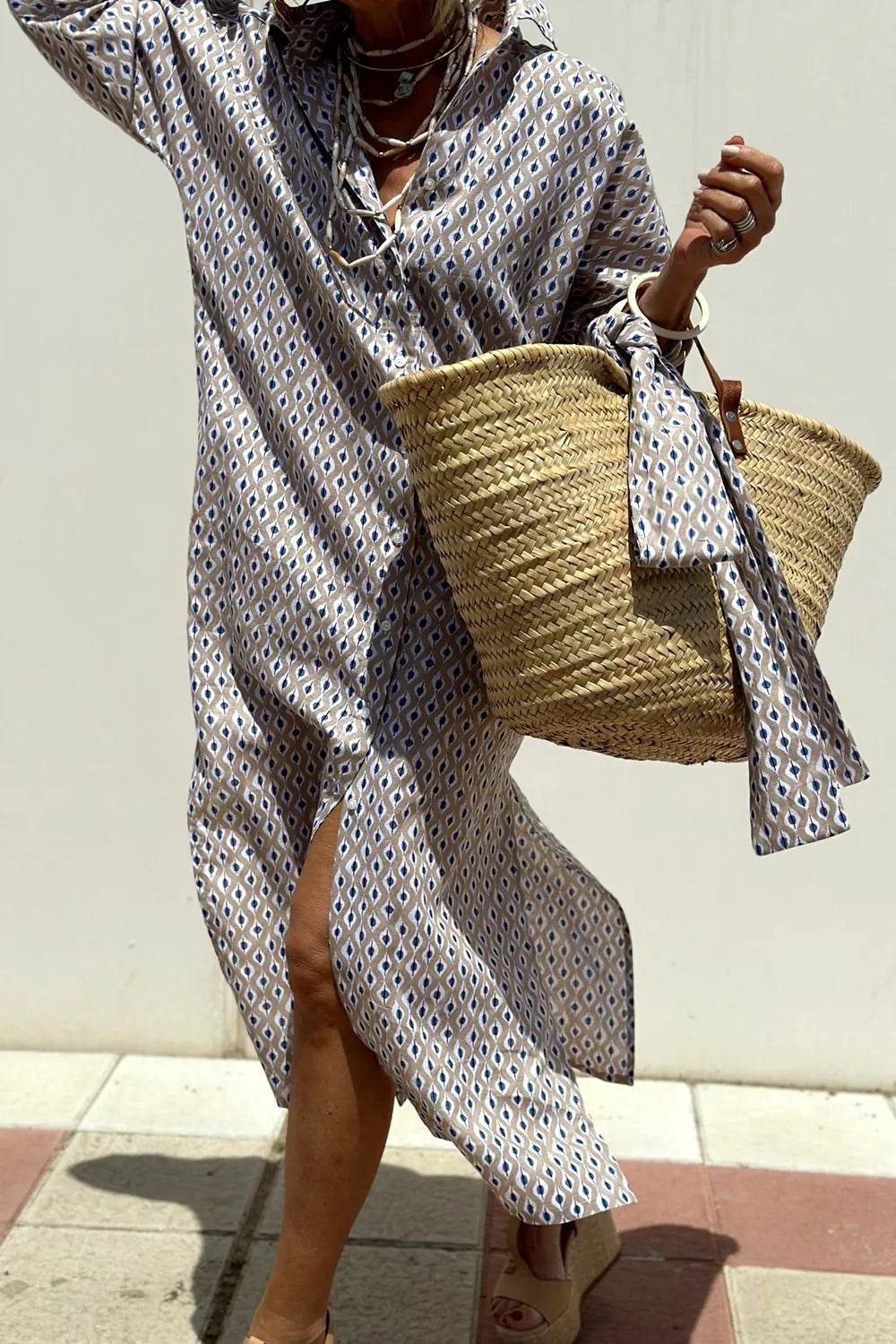 Tied Button Up Three-Quarter Sleeve Dress Gray Trendsi f60855c0-55bb-468a-b9e0-6f96ff101c24-Max