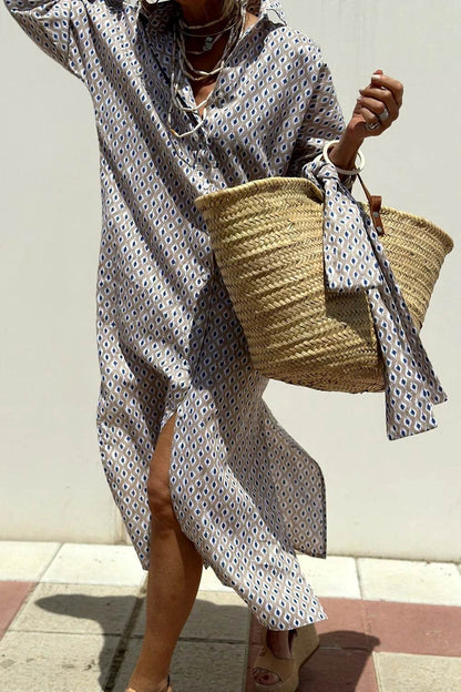 Tied Button Up Three-Quarter Sleeve Dress Gray Trendsi f60855c0-55bb-468a-b9e0-6f96ff101c24-Max