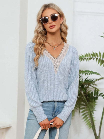 Lace Detail V-Neck Ribbed Blouse Trendsi f63a78ae262b4e62b17f18cf9535e246-Max