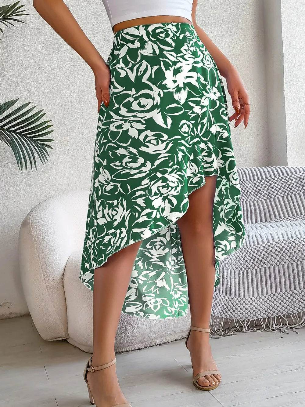 High-Low Printed High Waist Skirt Dark Green Trendsi f63cc198-8dc3-416d-b4bd-79d2b024f0b5-Max